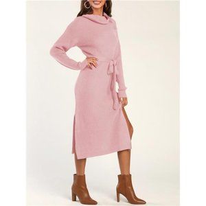Womens Turtleneck Sweater Dress Long Sleeve Elegant Side Slit Tie Waist